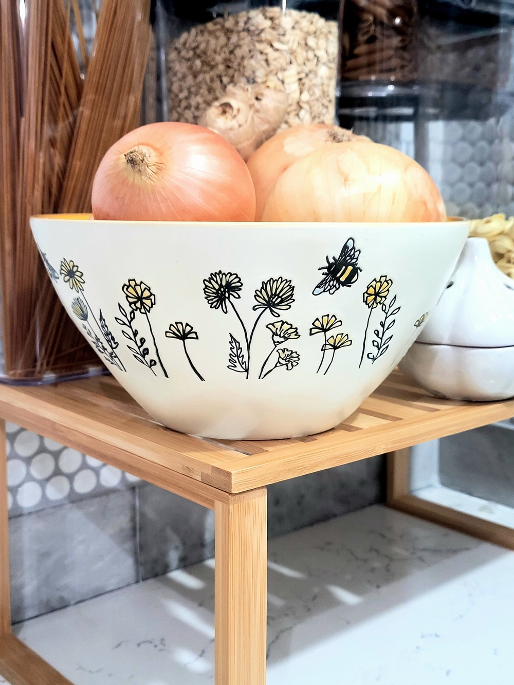 Eli + Ana Bumblebee Garden Yellow Interior Serving Bowl With Blue Winged Bees